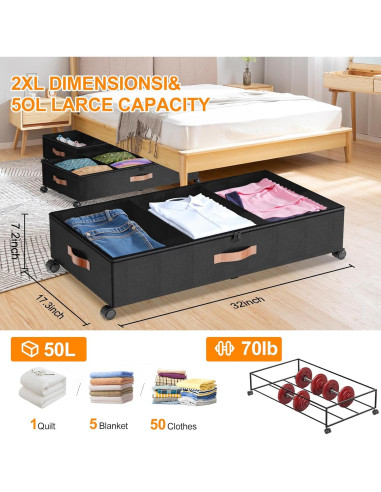 Contenedores de Almacenamiento Bajo la Cama LESHZHEN 2 Paquete Negro