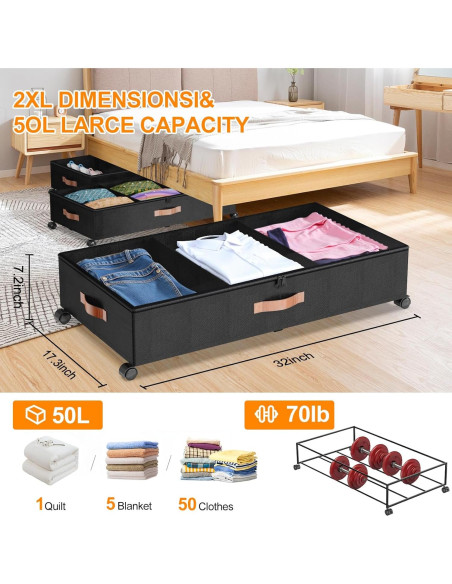 Contenedores de Almacenamiento Bajo la Cama LESHZHEN 2 Paquete Negro