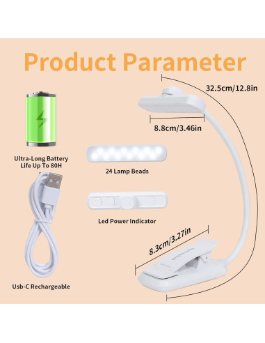 Luz de Libro Recargable Bsdgeclogy 24 LEDs 80 Horas Blanco