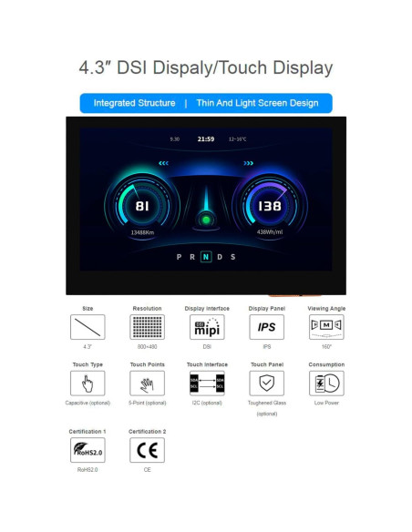 Pantalla DSI 4.3" Waveshare IPS 800x480 para Raspberry Pi