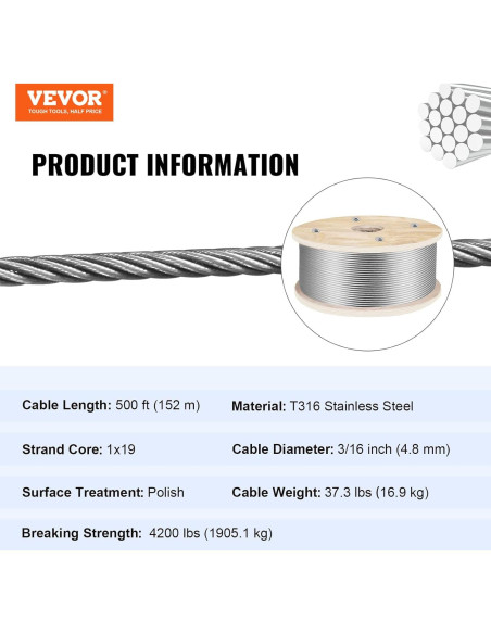 Cable de Acero Inoxidable VEVOR 3/16" T316 500ft 4200LBS
