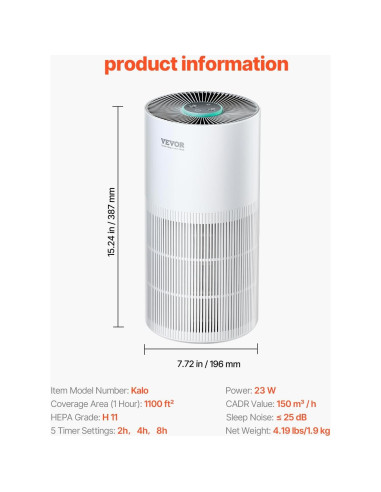 Purificador de Aire VEVOR Kalo 135 m/h HEPA para Hogar