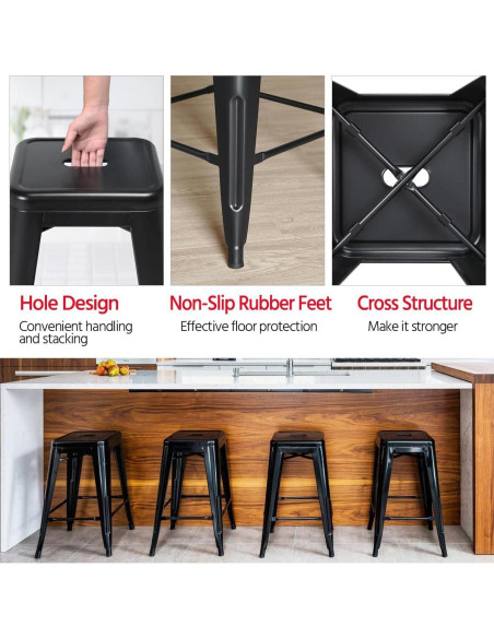 Taburetes de Bar Apilables Yaheetech Metal Negro 60.96 cm - Juego de 4