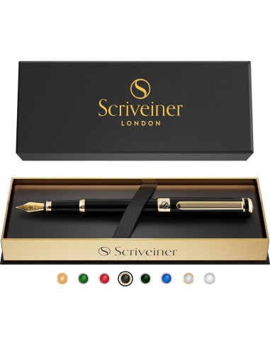 Pluma Fuente Scriveiner Negra con Oro Real - Plumín Extra Fino