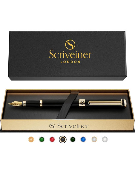 Pluma Fuente Scriveiner Negra con Oro Real - Plumín Extra Fino