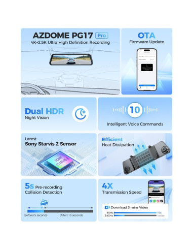 Cámara Dash AZDOME PG17 Pro 4K Delantera + 2.5K Trasera