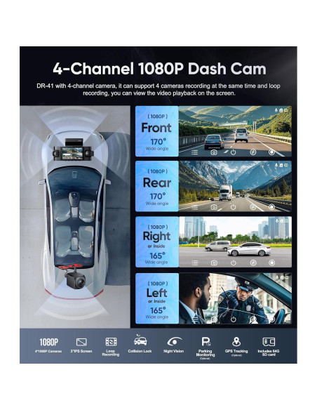 Cámara Dash 4 Canales Seventour 1080P con GPS y Pantalla IPS 3"