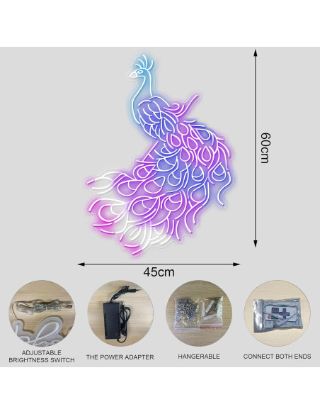 Luz de Neón LED Pavo Real 60x45cm Decorativa para Hogar