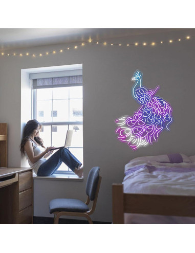 Luz de Neón LED Pavo Real 60x45cm Decorativa para Hogar