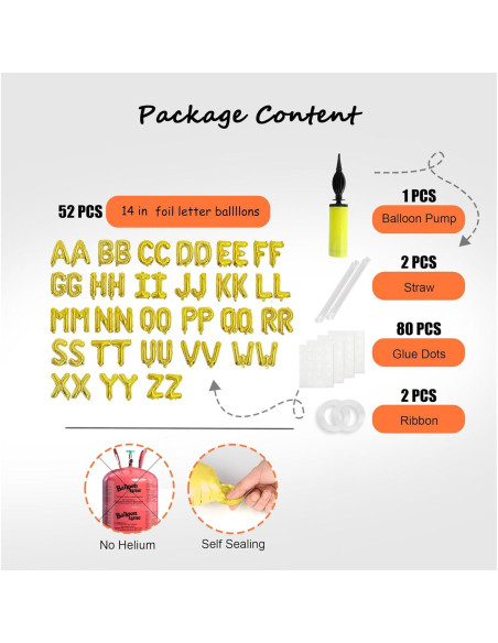 53 Globos de Letras Doradas 40 cm con Bomba para Fiesta