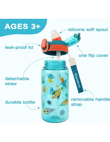 Botella de Agua Wooshwa Rocket 600ml con Pajilla y Tapa