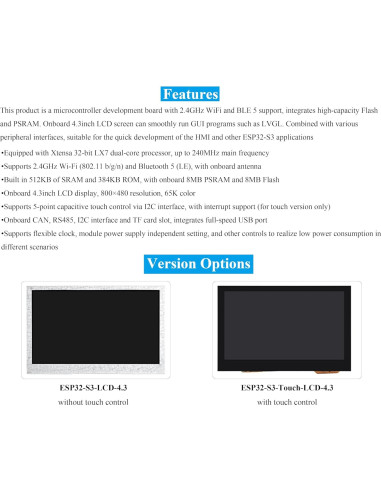 Placa de Desarrollo UeeKKoo ESP32-S3 4.3" LCD 800x480 Sin Táctil