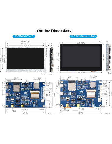 Placa de Desarrollo UeeKKoo ESP32-S3 4.3" LCD 800x480 Sin Táctil