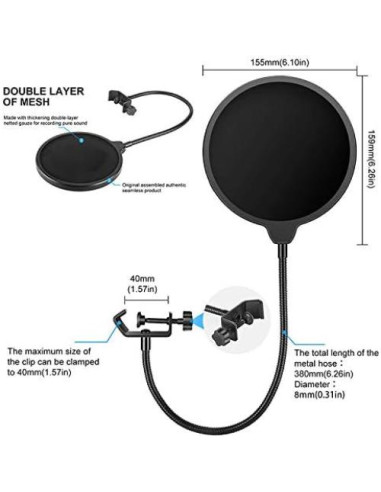 Filtro Pop Boytone BT-27ST Doble Capa Ajustable para Micrófono
