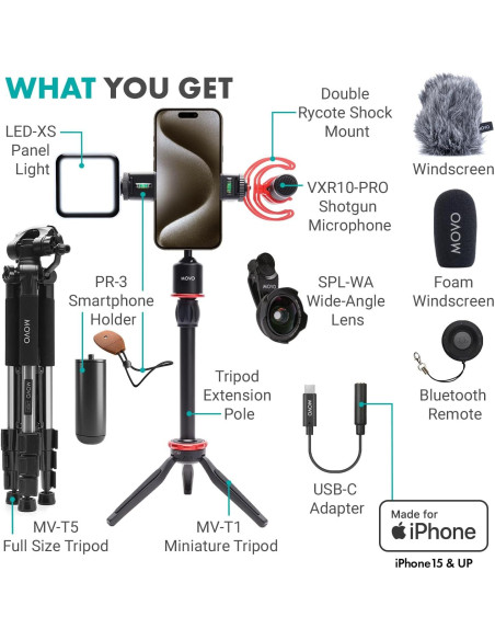 Kit de Vlogging Movo iVlog1-IP para iPhone 15/16 - Micrófono, Trípode, Luz LED