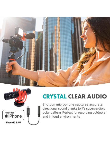Kit de Vlogging Movo iVlog1-IP para iPhone 15/16 - Micrófono, Trípode, Luz LED