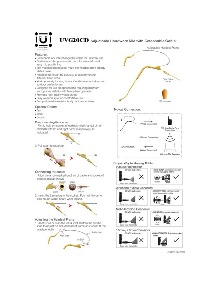 Micrófono de Auricular Dual U-Voice UVG20-H4P con Cable Desmontable