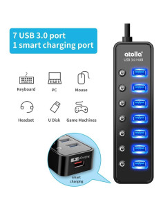 Hub USB 3.0 Atolla 7 Puertos con Carga Inteligente y Switch 2
