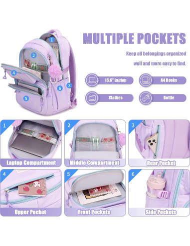 Mochila Escolar para Niñas MOONBABY Púrpura 45x18x34 cm