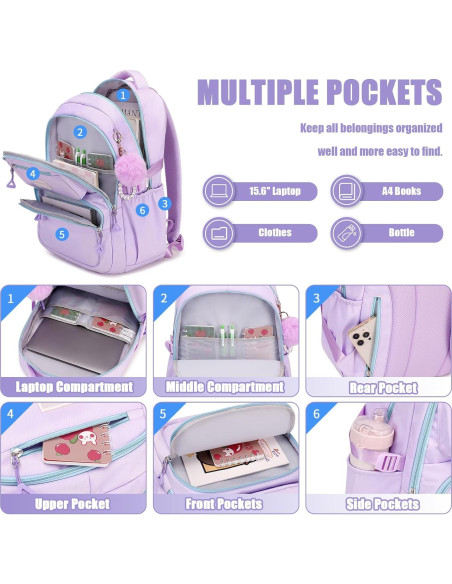 Mochila Escolar para Niñas MOONBABY Púrpura 45x18x34 cm