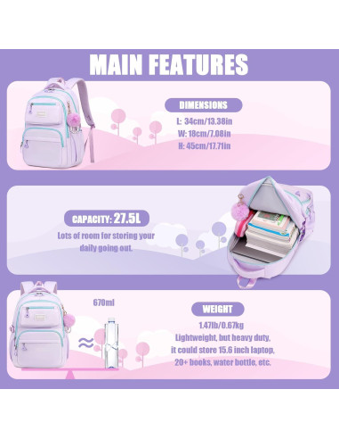 Mochila Escolar para Niñas MOONBABY Púrpura 45x18x34 cm