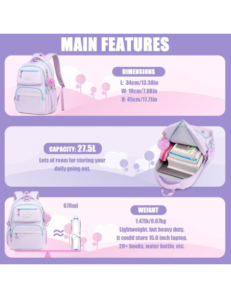 Mochila Escolar para Niñas MOONBABY Púrpura 45x18x34 cm