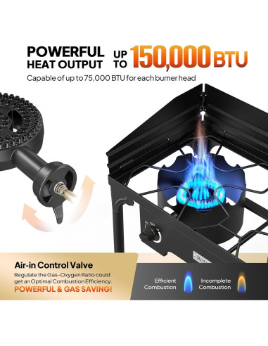 Estufa de Camping ROVSUN 2 Quemadores 150,000 BTU Gas Propano