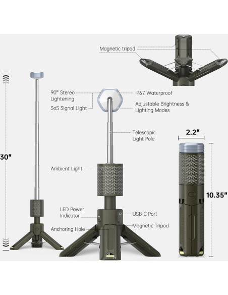 Lámpara de Camping MORIKO Telescópica 10,500mAh IP67 Verde