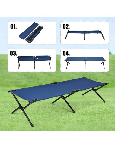 Cama de Camping Plegable GYMAX Azul, Alta Resistencia 136 kg