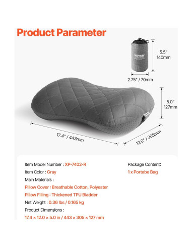 Almohada Inflable VEVOR Camping 44.2x30.5cm Suave y Portátil