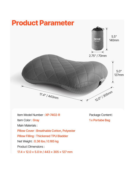 Almohada Inflable VEVOR Camping 44.2x30.5cm Suave y Portátil