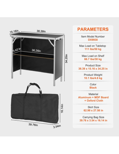 Mesa de Bar Plegable VEVOR 975x385x870mm con Funda