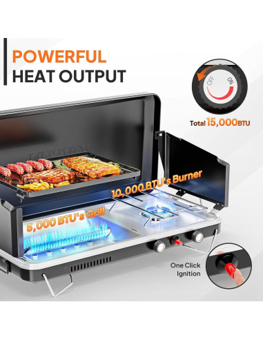 Estufa de Camping Portátil 2-en-1 ROVSUN con Parrilla