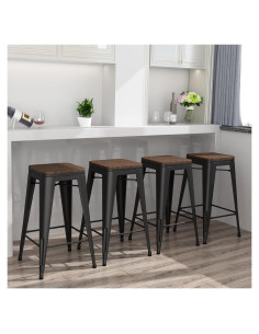 Juego de 4 Taburetes de Bar Yongqiang 61 cm Metal y Madera Negro
