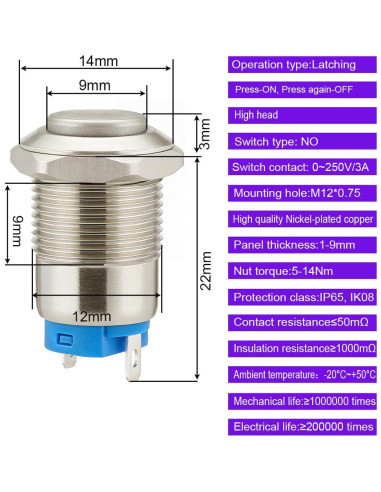 4 Interruptores de Botón Pulsador Metálico 12mm IP65 Gebildet
