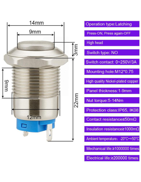 4 Interruptores de Botón Pulsador Metálico 12mm IP65 Gebildet