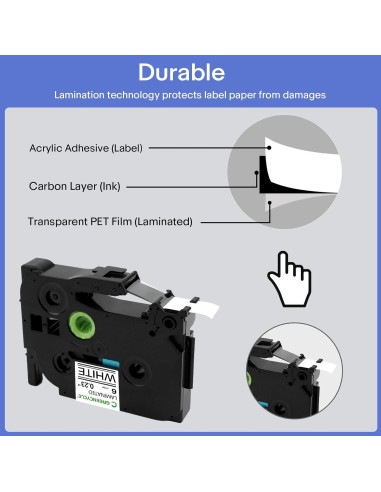 Cinta de Etiqueta Laminada Greencycle TZe-211 6mm Negra sobre Blanca - Paquete de 3