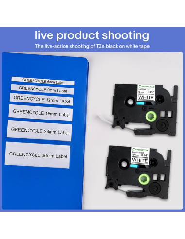 Cinta de Etiqueta Laminada Greencycle TZe-211 6mm Negra sobre Blanca - Paquete de 3