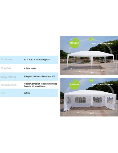 Carpa de Boda GOJOOASIS 3.05x6.1m Impermeable Blanca 4 Paredes