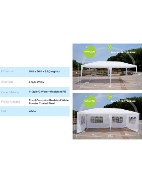 Carpa de Boda GOJOOASIS 3.05x6.1m Impermeable Blanca 4 Paredes
