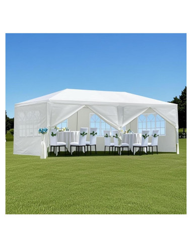 Gazebo de Jardín Wheloy 10x6m Blanco con 6 Paredes Desmontables
