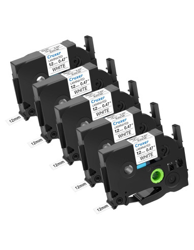 Cinta de Etiqueta Cruxer 12mm Negra sobre Blanca - 5 Paquete
