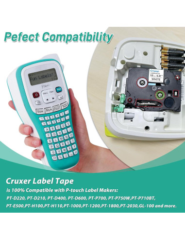 Cinta de Etiqueta Cruxer 12mm Negra sobre Blanca - 5 Paquete