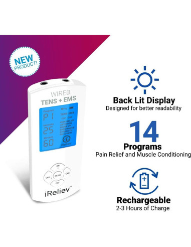 Unidad TENS + EMS iReliev ET-8080, 14 Modos, Pantalla Iluminada