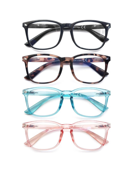 Gafas de luz azul para mujeres +0.00, paquete de 4, anti reflejo