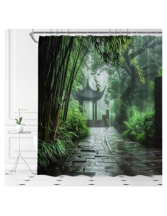 Cortina de Ducha Japonesa AMFD Verde Bambú 180x180 cm con Ganchos