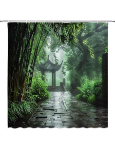 Cortina de Ducha Japonesa AMFD Verde Bambú 180x180 cm con Ganchos 2