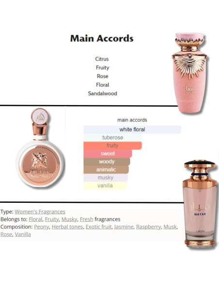 Perfume Lattafa Haya, Fakhar y Mayar EDP 100ml Mujeres