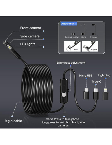 Endoscopio Borescope BlueFire 3.5m IP67 con 9 LED Ajustables