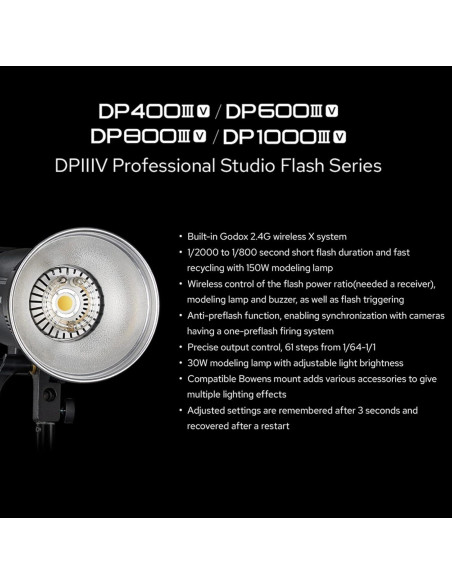 Flash Estudio Godox DP400IIIV 400Ws GN87 0.1-1s 2.4G